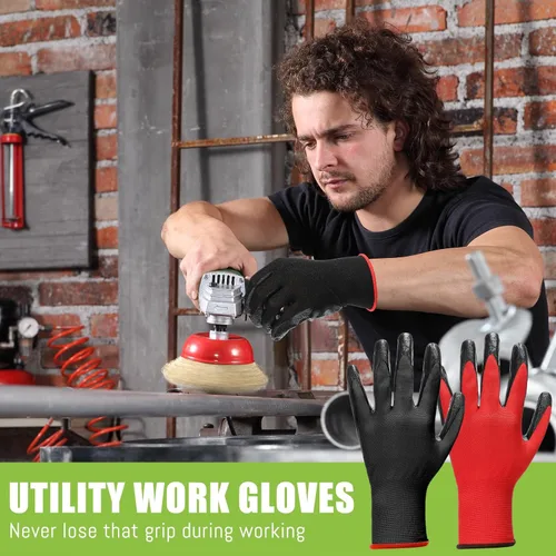 Vista 5 de Xtinmee 50 pares de guantes de trabajo con revestimiento de nitrilo para hombres, guantes de trabajo de seguridad rojos a granel para mujeres