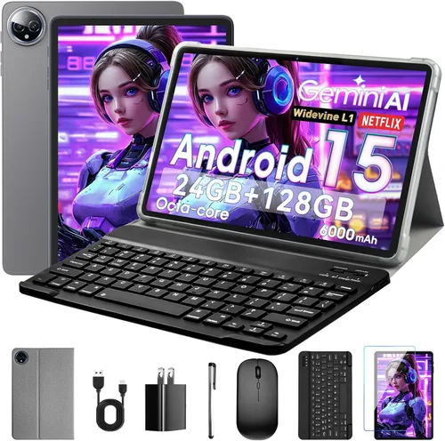 Vista 10 de Tablet Android 15 de 10.1 pulgadas, 24 GB de RAM 128 GB ROM (ampliable 1 TB), pantalla HD de 1280 x 800, batería de 6000 mAh, cámara de 5 MP+8 MP