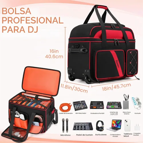 Vista 3 de DJ Cable Bag with Wheels for Equipment,Rolling Gig Bags for Musicians Naranja
