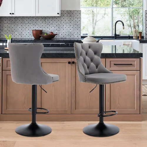 Vista 30 de SoarFlash Juego de 2 taburetes de bar tapizados de terciopelo moderno con patas de madera, botones acolchados, cabeza de clavo cromada, asiento