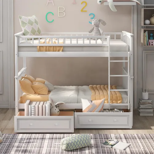 Vista 15 de Harper & Bright Designs Litera individual sobre individual con 2 cajones de almacenamiento, camas convertibles, base de cama de madera maciza