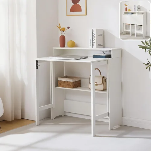 Vista 10 de Escritorio plegable con tomas de corriente, pequeña mesa plegable con estante de almacenamiento, escritorio oculto que ahorra espacio