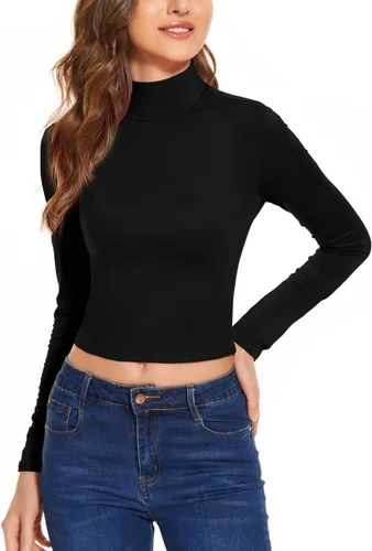 Vista 2 de Camisetas cortas ajustadas de cuello alto falso para mujer, básicas, de manga larga, con capas