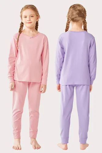 Vista 6 de Resinta Conjunto de 3 conjuntos de ropa interior térmica de algodón para niñas, parte superior y pantalones largos con lazos, capa base de invierno
