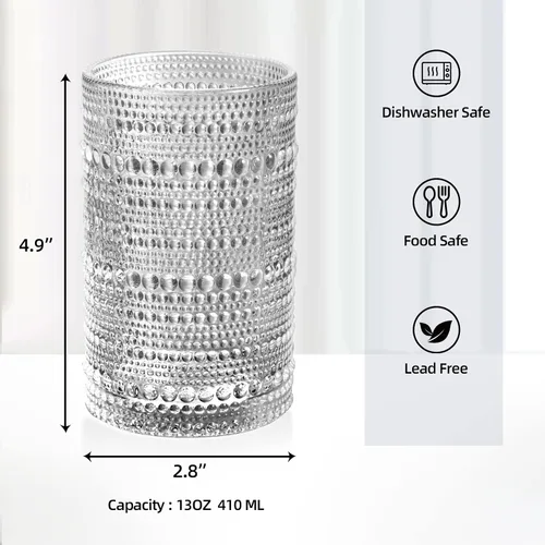 Vista 4 de Juego de 6 vasos de hobnail vintage de 13 onzas, cristalería vintage en relieve transparente para agua, jugo, cóctel, vino, cerveza, whisky