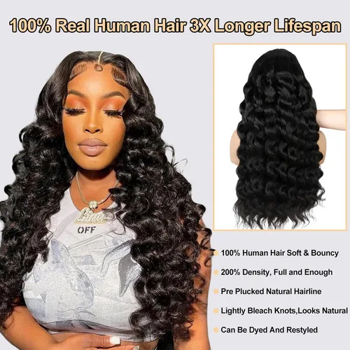 Vista 7 de Pelucas de cabello humano con malla frontal de onda suelta 13x4, densidad del 200%, con encaje frontal transparente HD, encaje frontal completo, sin