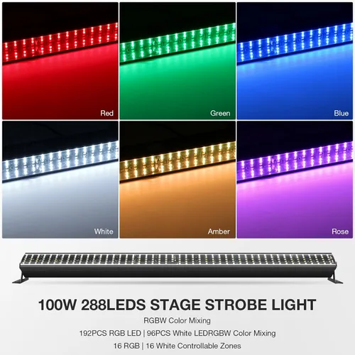 Vista 3 de Barra de luz estroboscópica de escenario, 100 W, 288 LED, RGBW, función de persecución de luz para DJ, mapeo de píxeles por control DMX Uplights