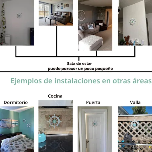 Vista 3 de Rienar Timón de barco náutico de madera para la playa con red de pesca y concha de pescado para decoración de pared en el hogar (27.9 cm de diámetro)