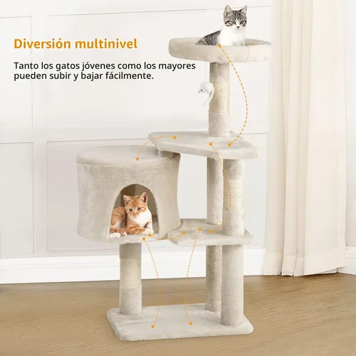 Vista 5 de BestPet Torre para Gatos de 36" Beige Torre Resistente para Gatos de Múltiples Niveles con Casita de Felpa, Percha Acogedora, Postes