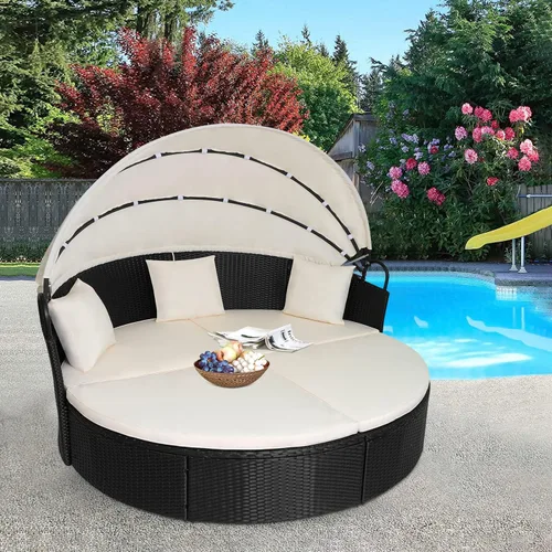 Vista 6 de Sofá cama redondo de mimbre para exteriores, muebles de patio con toldo retráctil, sofá seccional de ratán separado, color caqui, lavable, acolchado