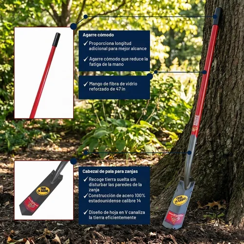 Vista 3 de Bully Tools Pala de trinchera de calibre 14 de 3 pulgadas, hoja de acero resistente con diseño en forma de V, mango largo de fibra de vidrio