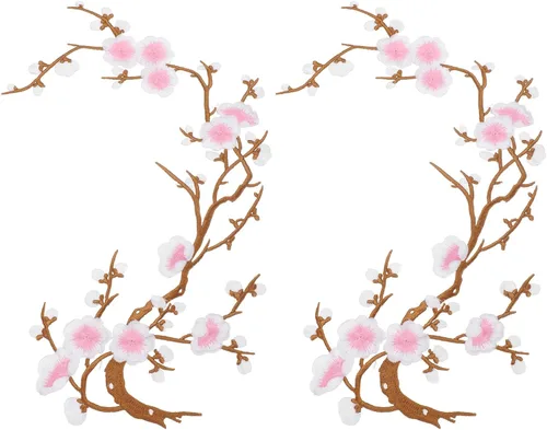 Vista 15 de MECCANIXITY 2 piezas de parches termoadhesivos de flor de ciruelo, apliques de bordado de flores para coser, apliques de decoración para agujeros