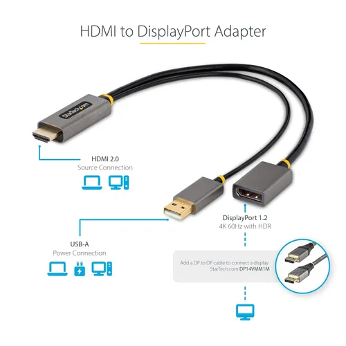 Vista 3 de StarTech - Cable HDMI 2.0 a DP 1.2 activo de 1 pie, 4K 60Hz, HDR, alimentado por USB