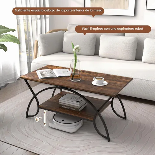 Vista 4 de GIANTEX - Mesa auxiliar de 2 niveles con almacenamiento, mesa central de madera de 39.5 pulgadas, color marrón