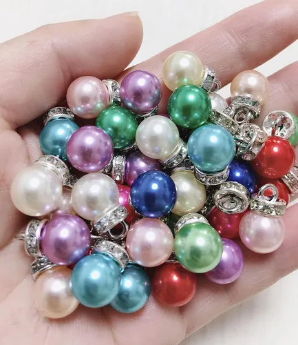 Vista 5 de 50 cuentas de perlas de imitación con incrustaciones de diamantes de imitación de 0.394 pulgadas, accesorios para ropa, accesorios para el cabello