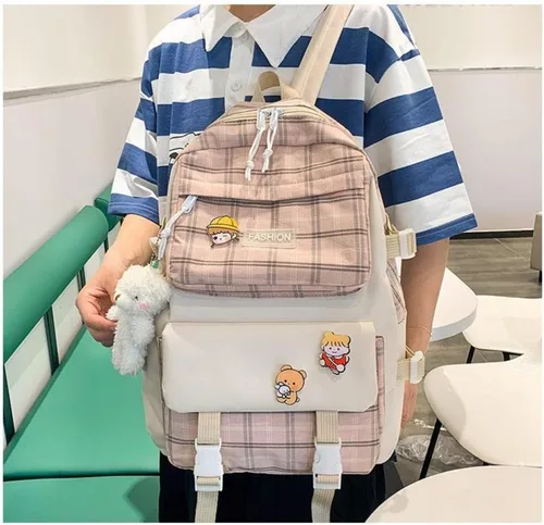 Vista 3 de Juego de 5 mochilas escolares de lona kawaii con colgante de pera, lindos alfileres, bolsa para lápices, a cuadros, estética, Rosa, Mediana, Classic