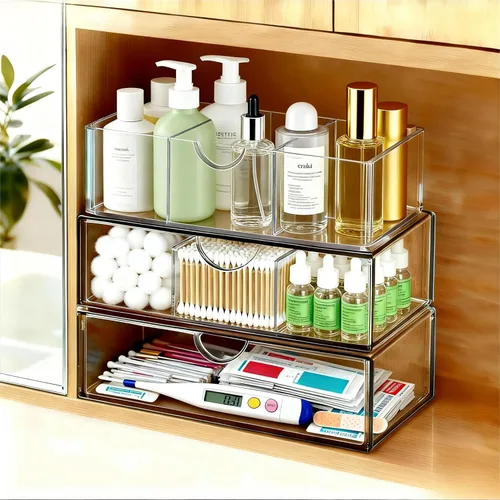 Vista 6 de Organizador y almacenamiento de botiquín de 2 niveles, organizador apilable de medicamentos para baño con divisores extraíbles, almacenamiento