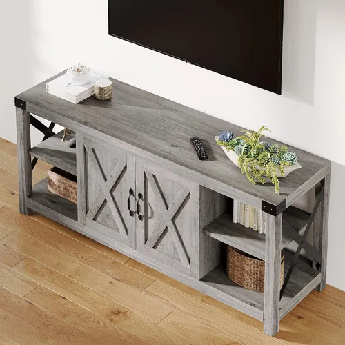 Vista 5 de IDEALHOUSE Soporte de TV de 59 pulgadas para TV de hasta 65 pulgadas, gabinete de TV de madera de granja con almacenamiento y estantes ajustables