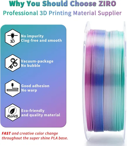Vista 3 de ZIRO - Rápido cambio de color PLA, filamento de gradiente de color de 1.75mm, filamentos de PLA arcoíris brillantes, compatible con la mayoría