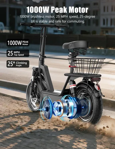 Vista 2 de Electric Scooter Adults with Seat, 1000W Peak Motor, 35 Miles Range, 25MPH Top Speed, 14" Foldable E-Scooter with Seat and Basket for Cargo, Dual