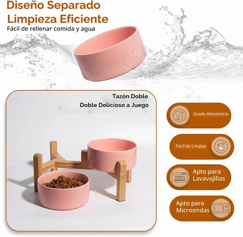 Vista 5 de Tazón elevado de cerámica para perros, 3.6 tazas de comida y agua para Rosa
