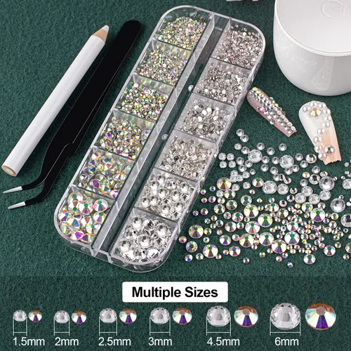 Vista 2 de Kit de diamantes de imitación y perlas con parte trasera plana, cristal redondo AB y gemas blancas transparentes+perlas blancas y beige