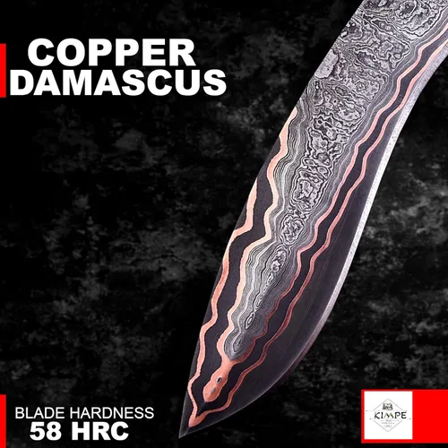 Vista 4 de KIMPE Cuchillo de caza de hoja fija. (Copper Damasco y Crown Stag)