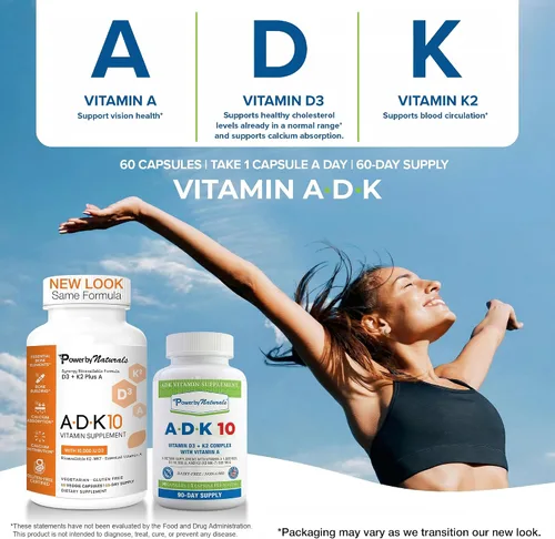 Vista 2 de Power By Naturals ADK 10 - Vitamina A de alta potencia, D3 10000 IU, suplemento K2 MK7 – 90 pastillas (1 unidad) para 3 meses de apoyo a la salud