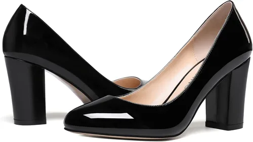 Vista 6 de WAYDERNS Zapatos de tacón alto para mujer, con puntera redonda, sólidos, gruesos, de 3 pulgadas