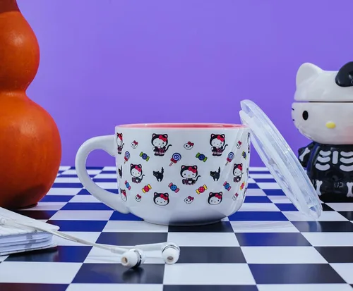 Vista 4 de Silver Buffalo Sanrio Hello Kitty Gato Negro - Taza de sopa de cerámica con tapa ventilada para helado, cereal, bebidas Capacidad de 710 cc