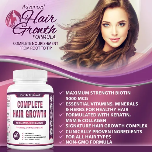Vista 4 de Purely Optimal Vitaminas para el crecimiento del cabello – Apoya el crecimiento del cabello más grueso, más fuerte, piel y uñas saludables
