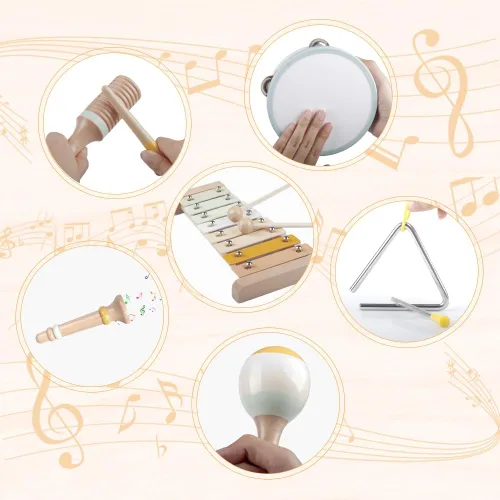 Vista 4 de Instrumentos musicales para bebés, juguetes Montessori de madera para niños pequeños de 1 a 3 años, colores neutros, juego de instrumentos