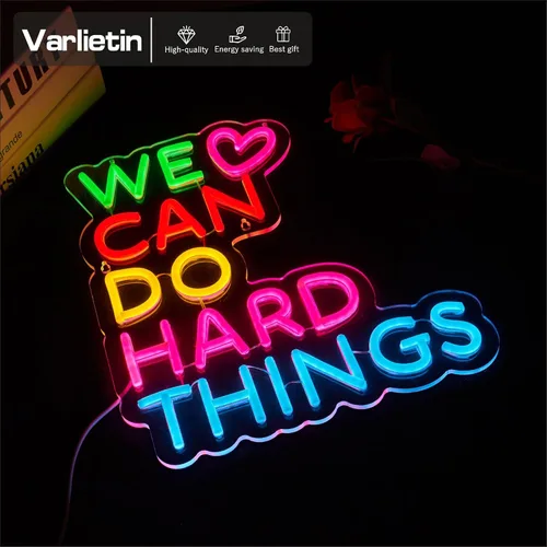Vista 3 de Letrero de neón con texto en inglés «We Can Do Hard Things» para decoración de pared, arte de pared para niños, positivo para aula, regulable