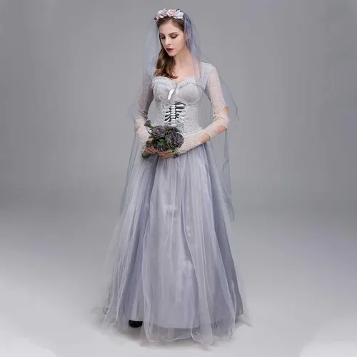 Vista 5 de Disfraz de novia de cadáver fantasma para mujer, vestido de cosplay de Halloween, vestido gótico corsé con velo, vestidos de empalme de malla