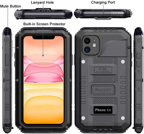 Vista 5 de Beasyjoy Funda impermeable de metal para iPhone 11, resistente, a prueba de golpes, a prueba de polvo, protección resistente, pantalla incorporada