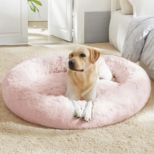 Vista 30 de Cama calmante para perros y gatos, cama antiansiedad, de felpa, con forma de dona, redonda, acolchada, de piel sintética, suave y esponjosa