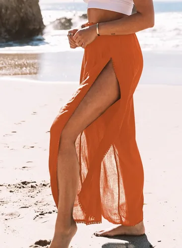 Vista 8 de Herseas Traje de baño para mujer, pantalones elásticos de cintura alta dividida en el muslo y pierna ancha, pantalones de playa con borla
