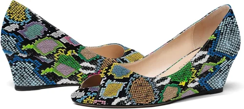 Vista 6 de WAYDERNS Zapatos de tacón bajo con cuña de charol y puntera abierta para mujer de 2 pulgadas