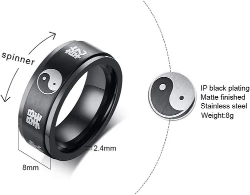 Vista 2 de Hisatan Anillo de equilibrio para hombre Tai Chi Yin Yang Bagua de acero inoxidable Taoísmo Zen Spirit Talismán banda giratoria