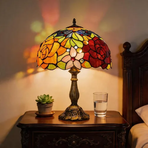 Vista 17 de Lámpara de mesa pequeña estilo Tiffany, lámpara de vidrio teñido antiguo de 5 pulgadas, lámpara de mesa de noche para escritorio, para dormitorio