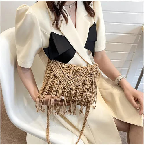 Vista 7 de Bolso de hombro de algodón hecho a mano para mujer, con solapa, con flecos, con borlas, tejido a mano, bohemio