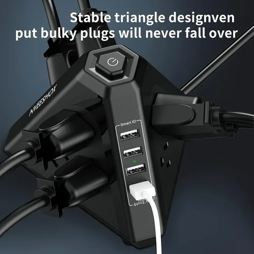 Vista 2 de Regleta protectora contra sobretensiones, salida triangular de 3 lados con 9 salidas de CA múltiples 4 puertos USB, cable de extensión de 6.5 pies