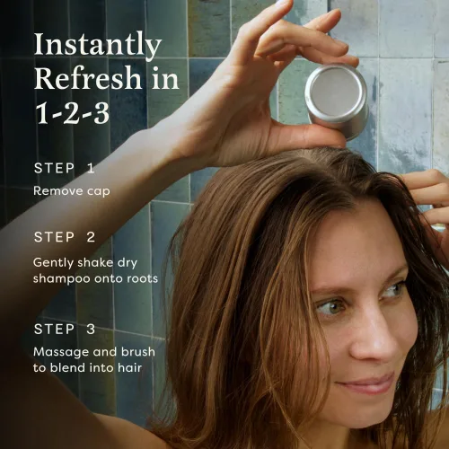 Vista 6 de The Earthling Co. Champú seco – Polvo voluminizador sin aerosol para aceite – Ingredientes naturales y orgánicos para cabello castaño y negro