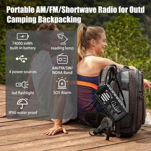 Vista 6 de Radio de emergencia con manivela de 20000 mAh, radio meteorológica SW/NOAA/AM/FM, cargador de manivela alimentado por energía solar con batería