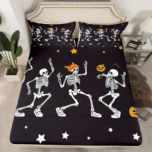 Vista 2 de Erosebridal Juego de sábanas de calavera para niños, tamaño individual, para Halloween, esqueleto gótico bailarín, juego de sábanas para niños