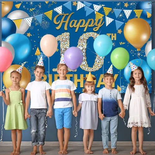 Vista 3 de Cartel de fondo de decoración de cumpleaños número 10, decoración de feliz cumpleaños 10 para niños, fondo de fotografía de cumpleaños azul, cartel