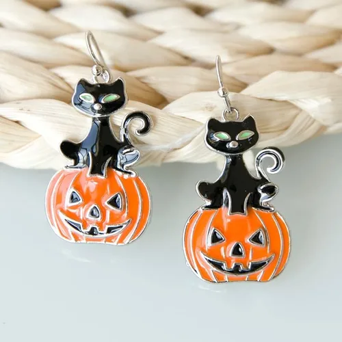 Vista 4 de Aretes de calabaza de Halloween para mujer, aretes colgantes de calabaza de cristal rojo, gato negro, calabaza roja, aretes de calabaza de Acción