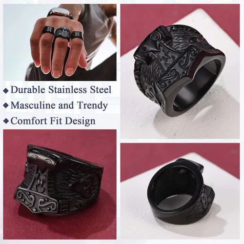 Vista 2 de FaithHeart Norse Viking Jewelry - Anillo de acero inoxidable de guerrero para hombre con diseño vikingo de cabeza de lobomartillo de Thor