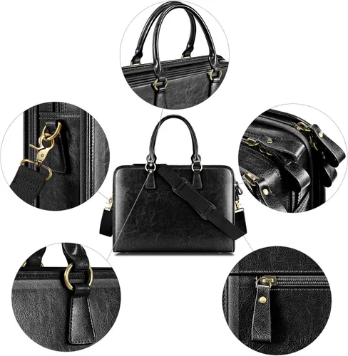Vista 4 de Kattee Maletín de cuero genuino para mujer bolsa de laptop de gran capacidad con etiqueta de equipaje