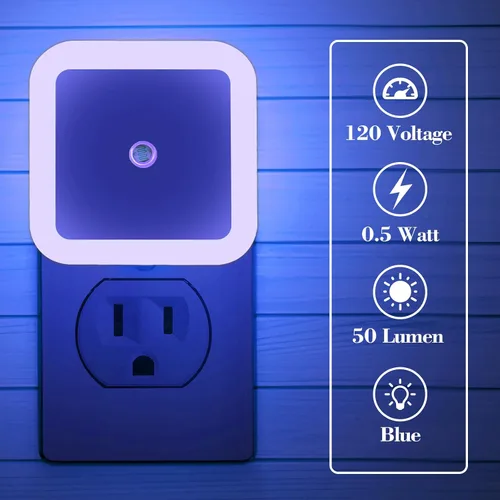 Vista 5 de Paquete de 6 luces nocturnas LED azules enchufables, sensor de atardecer a amanecer encendido y apagado automático, eficientes energéticamente